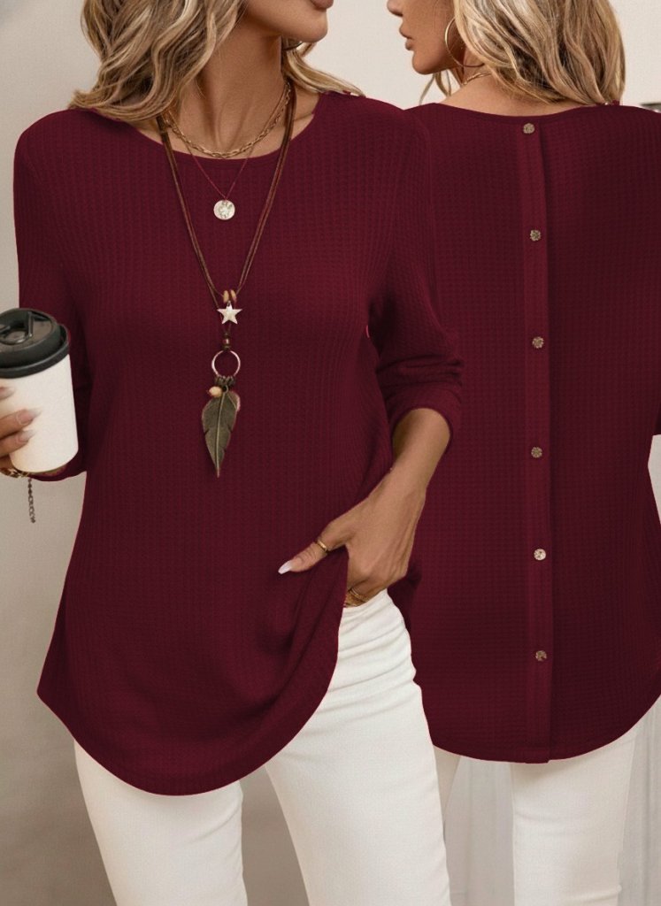 cccba5142747820592f3 Kadın Uzun Kollu Yuvarlak Yaka Arkadan Düğmeli Waffle Bluz - Görsel 1