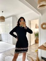 Kadın Uzun Kollu Bisiklet Yaka şerit Leopar Desenli Dalgıç Elbise - Görsel 2