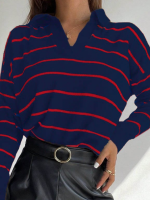 Kadın Uzun Kollu V Yaka çizgili Triko Bluz - Görsel 2