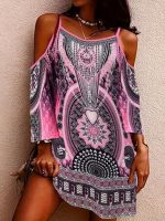 Kadın Askılı Omuzlardan Açık Truvakar Kol Desenli Kısa Süprem Elbise - Görsel 3