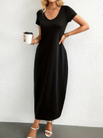 Kadın Kısa Kollu Yakası Yuvarlak Cepli Viskon Elbise - Görsel 2