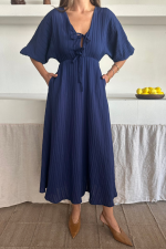 V YAKA DÖKÜMLÜ ELBİSE - Lacivert - Görsel 2