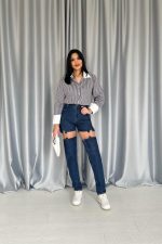 Mavi Askılı İki Parça Jeans Pantolon