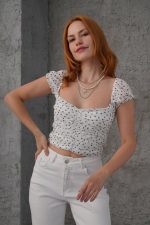 Puantiyeli Belden Oturtmalı Tül Beyaz Bluz