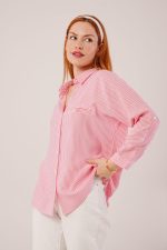 Cep Detay Çizgili Oversize Pembe Gömlek - Görsel 3