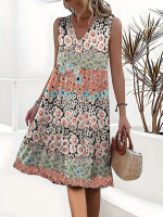 Kadın Kolsuz V Yaka çiçek Desenli Süprem Elbise - Görsel 3