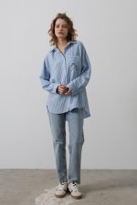 Çizgili Tek Cep Gömlek - Bebe Mavisi - Görsel 2