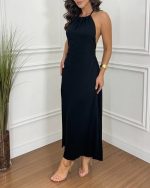 Kadın Boyundan Askılı Halter Kollu Viskon Elbise - Görsel 2