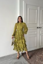 Yağ Yeşili Valonlu Şeritli Kat Kat Elbise - Görsel 2