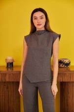 Gri Sıfır Kol Düğmeli Gömlek Takım - Görsel 2