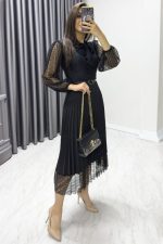 Kadın Denim Kumaş Dantel Detay Pileseli Elbise - Görsel 3