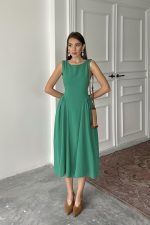 Yeşil Yanları Büzgülü Midi Boy Keten Elbise - Görsel 3