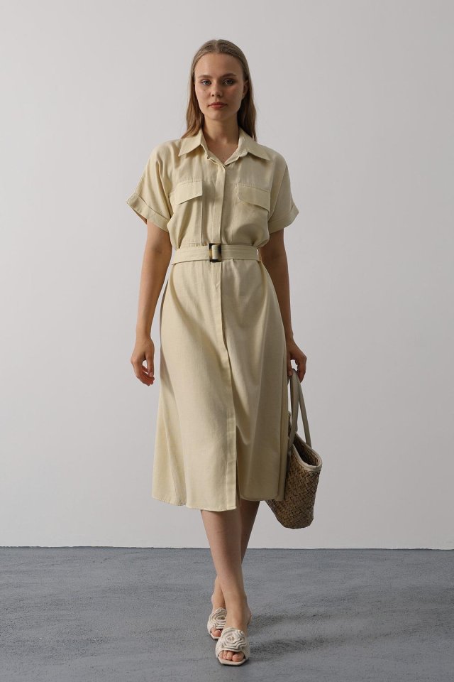 d3d43bbf4f9cf8087626 Kuşaklı Cep Detaylı Yarım Kol Elbise - Ekru - Görsel 1