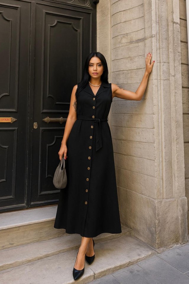 d425c3d716b8a1ec34c75388a8e591eb Kadın Düğme Detay Kuşak Dahil Elbise - Görsel 1