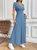 Kadın Kısa Kollu Kruvaze Yakalı çiçek Desenli Süprem Elbise - Görsel 2