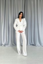 Ekru Beli Kuşaklı Ceket Ve Pantolon Parlak Takım