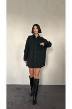 Siyah Çift Cep Kapaklı Çıtçıtlı Gömlek - Görsel 2