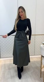 Kadın Belden Kuşaklı Uzun Deri Etek