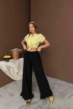 Siyah Paçası Fırfırlı Keten Pantolon - Görsel 3