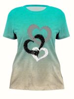 Kadın Kısa Kollu Bisiklet Yaka Kalp Baskılı Süprem Bluz - Görsel 3