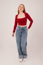 Kare Yaka Basic Bordo Bluz - Görsel 3