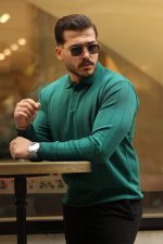 Erkek Düğmeli Yaka çizgi Dokulu Uzun Kollu Triko - Görsel 2