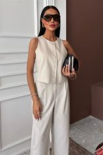 Yelek Plazzo Pantolon Çizgili Flamlı Poliviscon Takım 10178 - Görsel 3