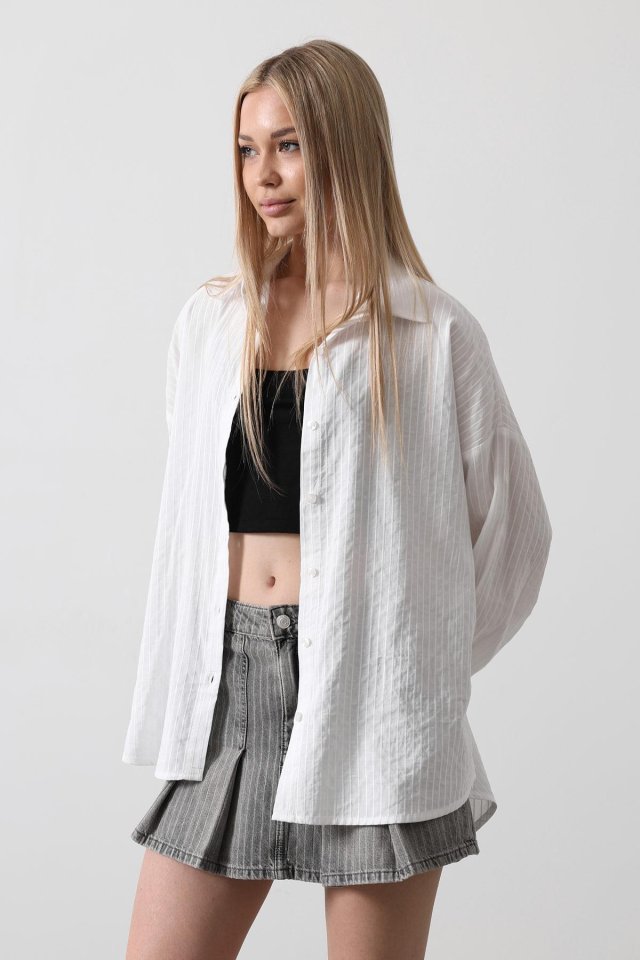 d6eac9e88fcdeafcb55e Çizgili Uzun Kol Gömlek - Beyaz - Görsel 1