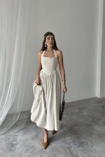 Bej Boyundan Bağlamalı Keten Elbise - Görsel 3