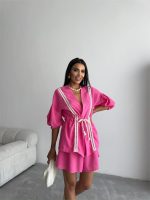 KETEN BEL BÜZGÜLÜ BLUZ-PANTOLON TAKIM - Fuşya