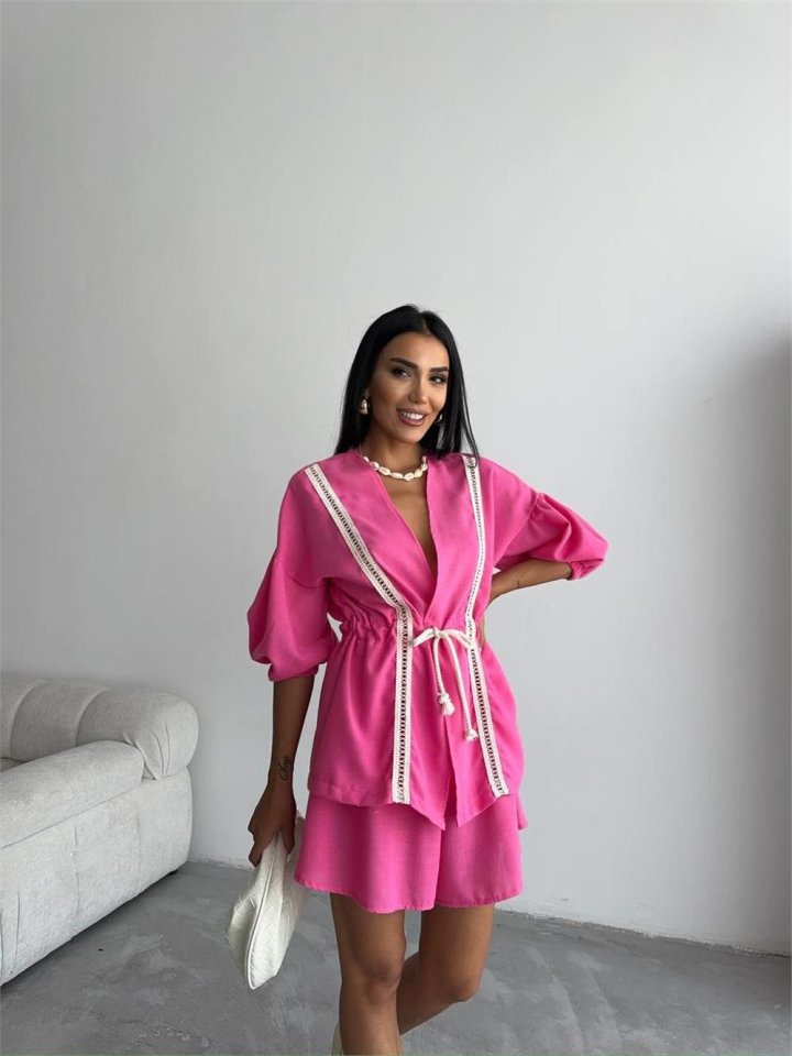 d7263749c62b86a59e27 KETEN BEL BÜZGÜLÜ BLUZ-PANTOLON TAKIM - Fuşya - Görsel 1