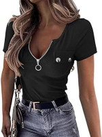 Kadın Kısa Kollu Fermuarlı Cep Detay Kaşkorse Bluz - Görsel 2