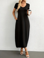 Kadın Kısa Kollu Yakası Yuvarlak Cepli Viskon Elbise - Görsel 3