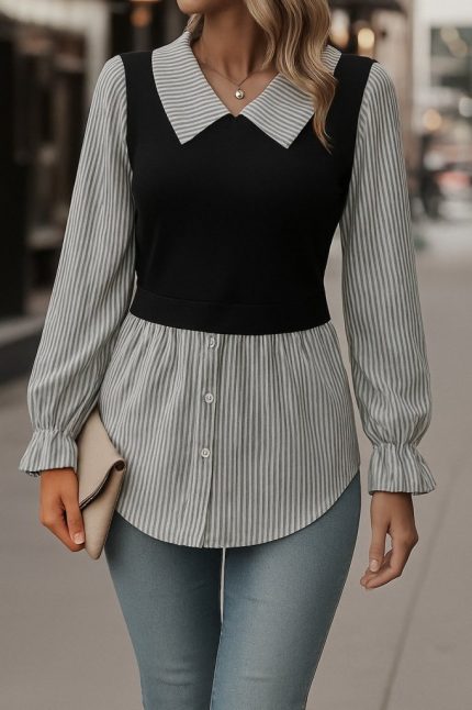 Kadın Uzun Kollu Yakalı önden Düğmeli Ottoman Bluz
