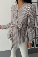 ÇİZGİLİ BAĞLAMA DETAYLI KRUVAZE POPLİN GÖMLEK - Kahverengi - Görsel 2