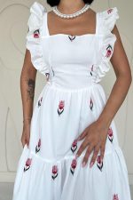 Kırmızı Sıfır Kol Fırfırlı Elbise - Görsel 3