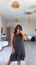 Kadın Bisiklet Yaka Eteği Volanlı Bürümcük Elbise