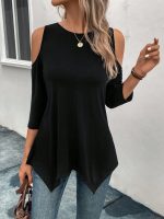 Kadın Omuzlardan Açık Sıfır Yaka Asimetrik Kesim Detay Viskon Bluz - Görsel 3