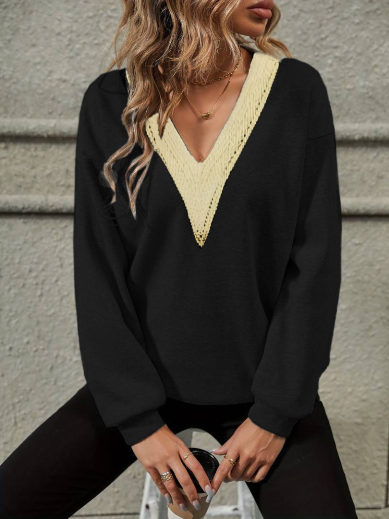 d94988585932d6de331c Kadın Uzun Kollu V Dantel Yaka şardonsuz üç Iplik Bluz - Görsel 1