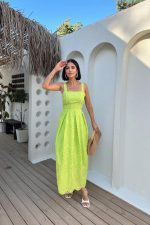 Yağ Yeşili Askılı Aparatlı Brode Elbise - Görsel 2