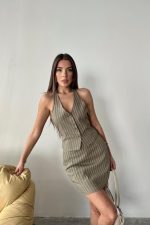 Haki Çizgili Yelek Ve Etek Takım - Görsel 3