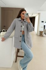 Kadın Bileği Lastikli Cep Ve Leopar Düğme Detay Kaşe Kaban