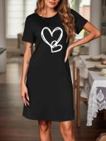Kadın Kısa Kollu Bisiklet Yaka Kalp Desenli Viskon Elbise - Görsel 3