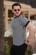 Erkek Siyah Beyaz örme Pamuklu Kumaş Kısa Kollu T-shirt - Görsel 2