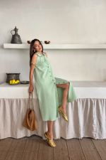 KETEN ÖNDEN DÜĞMELİ KOLSUZ GÖMLEK YAKA ELBİSE - Mint - Görsel 3