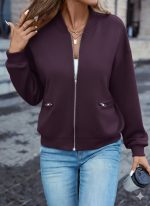 Kadın Uzun Kollu önden Fermuarlı Cepli Modal Mürdüm Ceket - Görsel 2