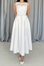 Beyaz Önü Dantel Detaylı Kemerli Elbise - Görsel 3