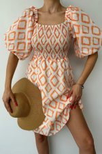 Oranj Kare Desenli Yazlık Elbise - Görsel 3