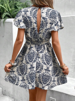 Kadın Kısa Kollu V Yakalı Beli Kuşaklı Desenli Sofya Elbise - Görsel 3