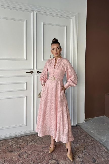 Pudra Kemer Detaylı Uzun Elbise